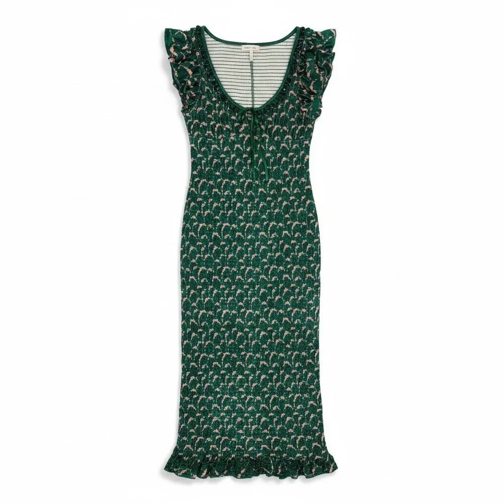 Free People Green Smocked Midi Dress Ruffle Sleeve Floral Bodycon Boho - Picture 2 of 11